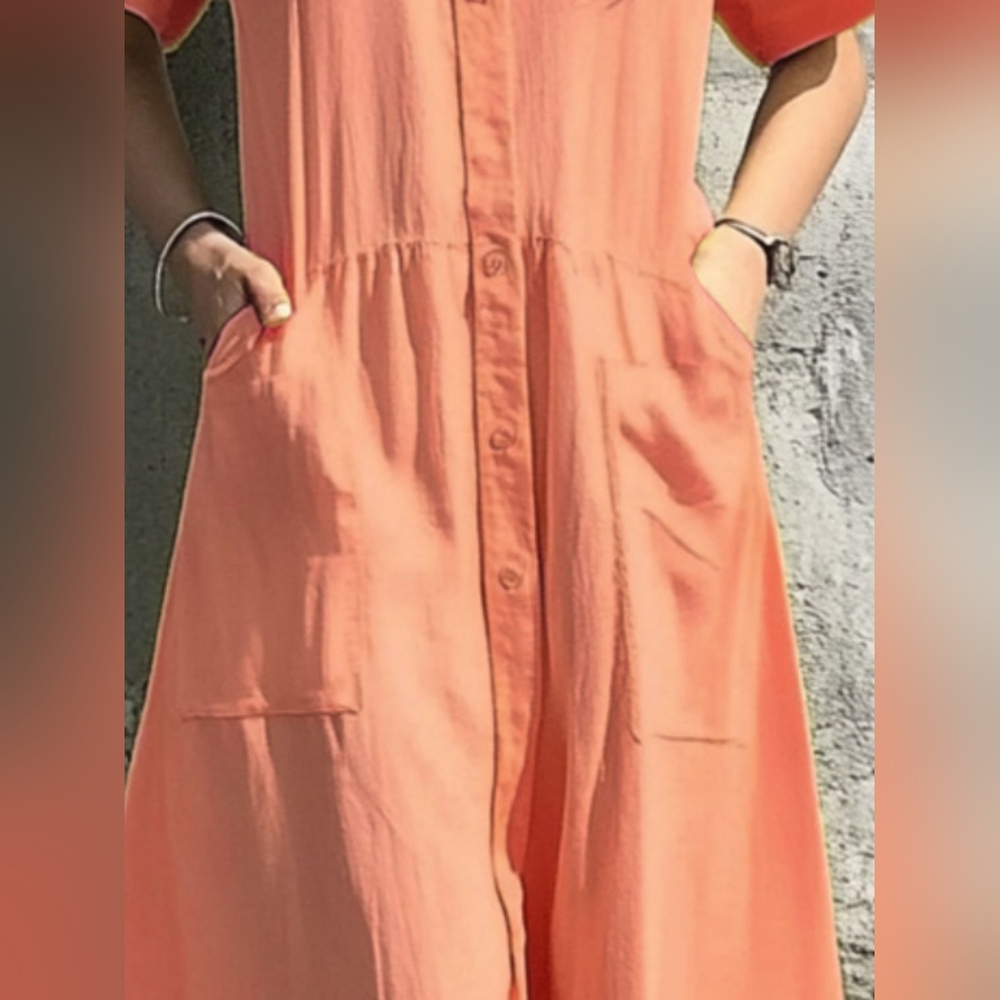 NWT- Linen Texture "An Elegant Woman" Boutique Orange Midi Shirtdress - Size L - Picture 3 of 11